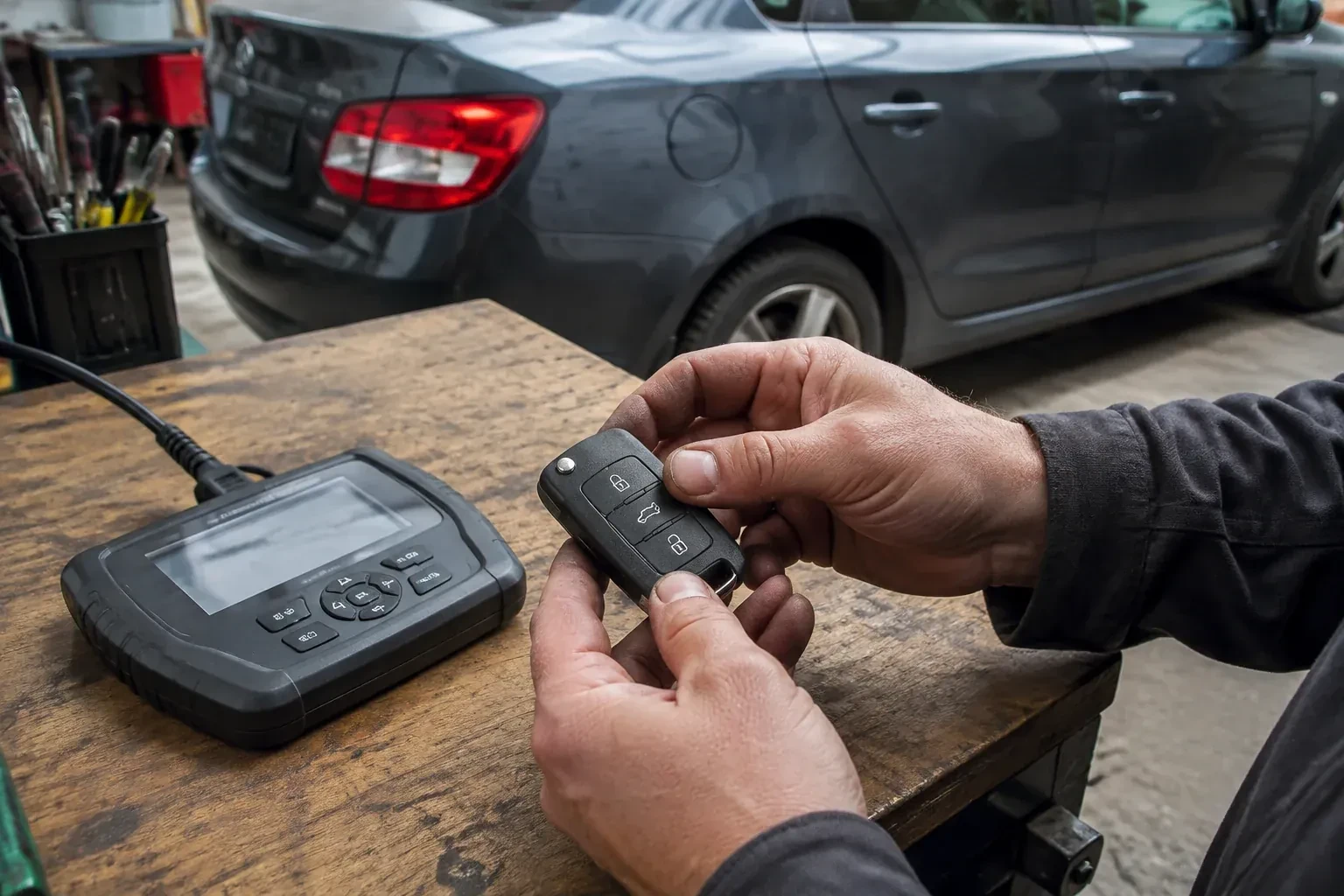 Hands holding a black car key fob above a workbench, beside a wired handheld device with a screen. — Car Key Replacement, Brampton