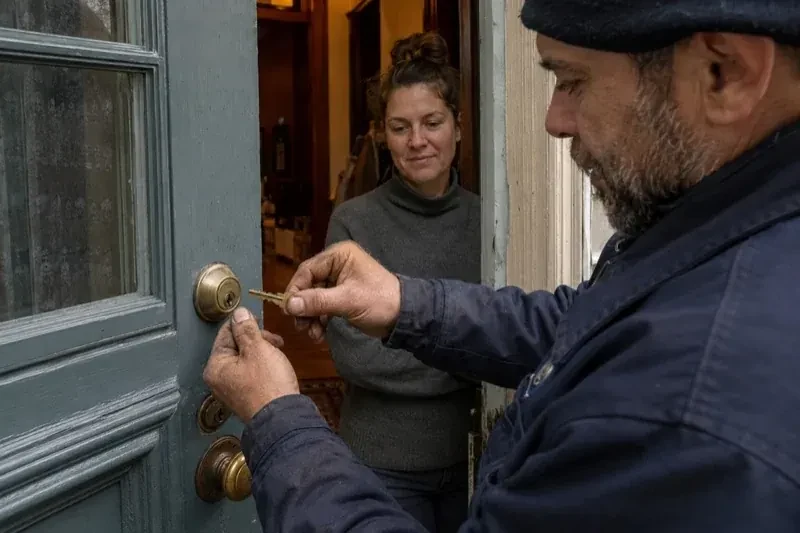 Person holding a key beside a brass-colored deadbolt on an open painted door while another person watches from inside. — Home Lockout Service, Brampton