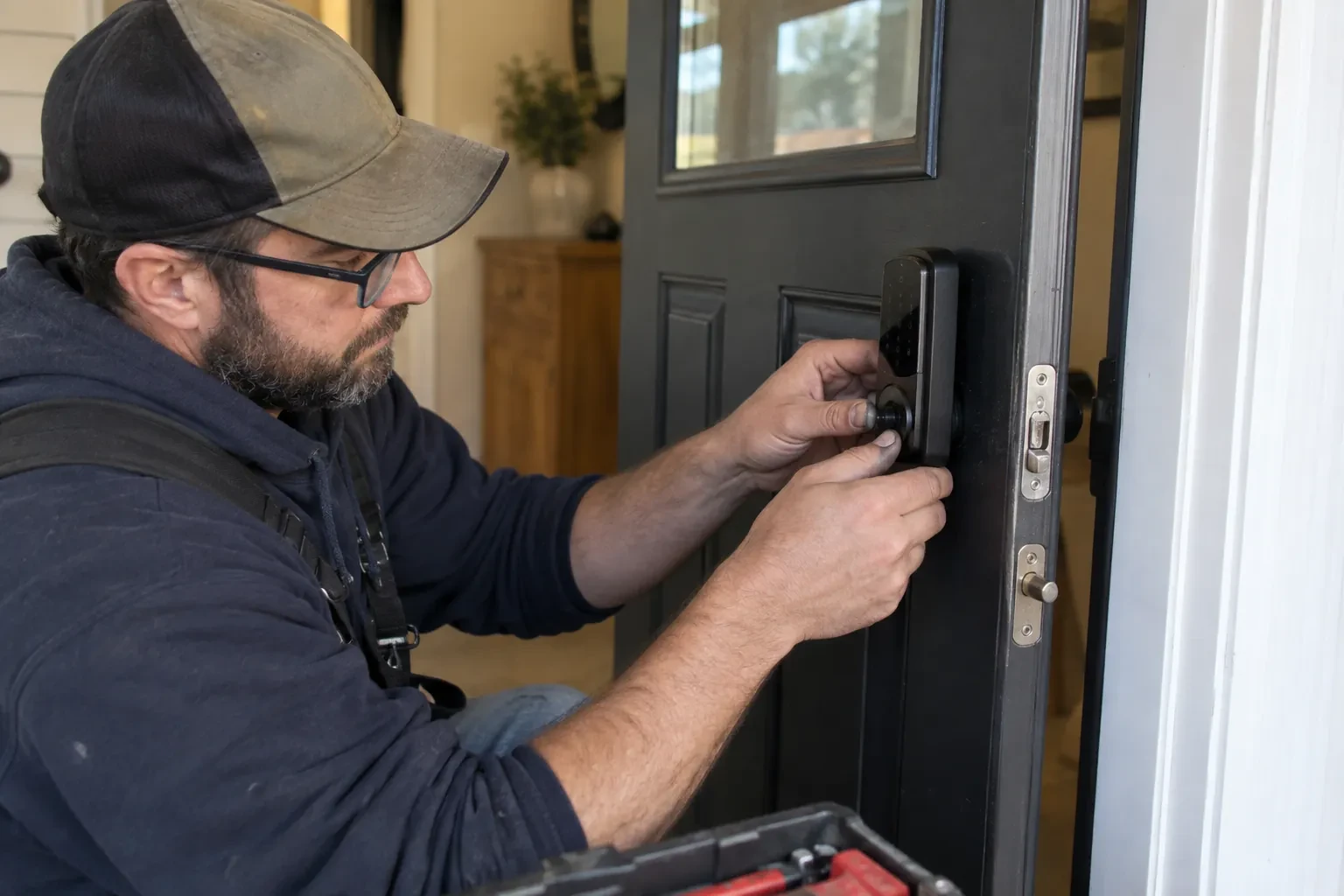 Technician in a cap and glasses mounting a black keypad deadbolt on a dark front door, with a tool case below.