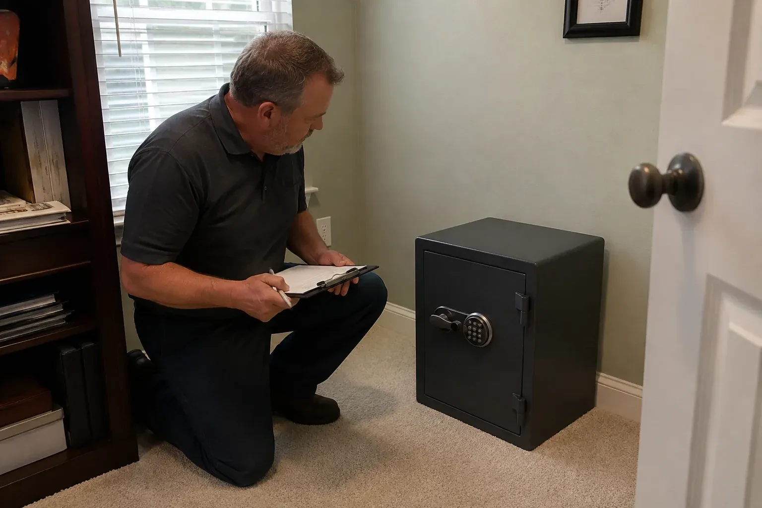 Person holding a clipboard beside a closed black safe with a circular keypad in a carpeted room. — Safe Installation & Servicing, Brampton