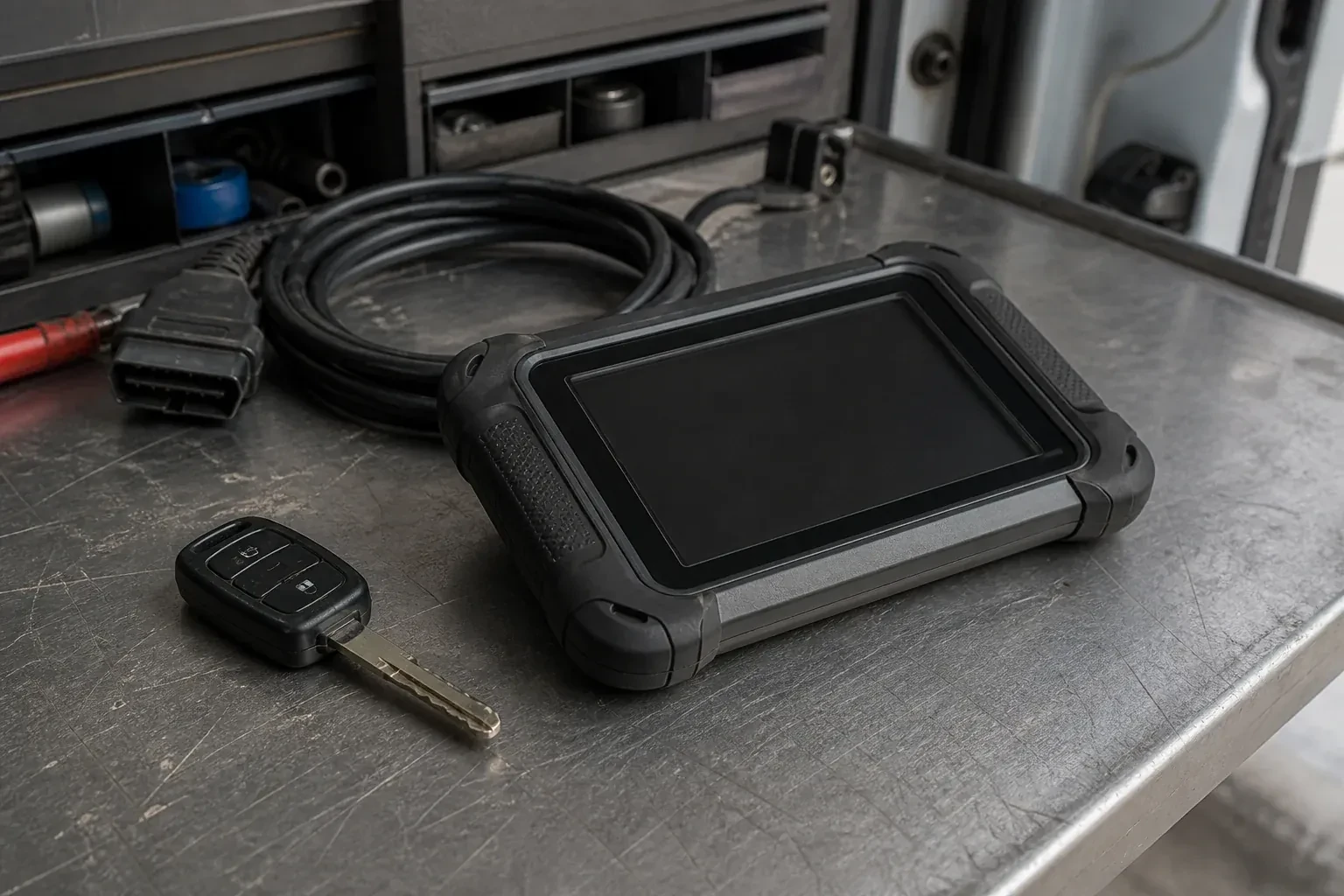 Vehicle key beside a dark diagnostic tablet and coiled connector cable on a workbench. — Transponder Key Programming, Brampton