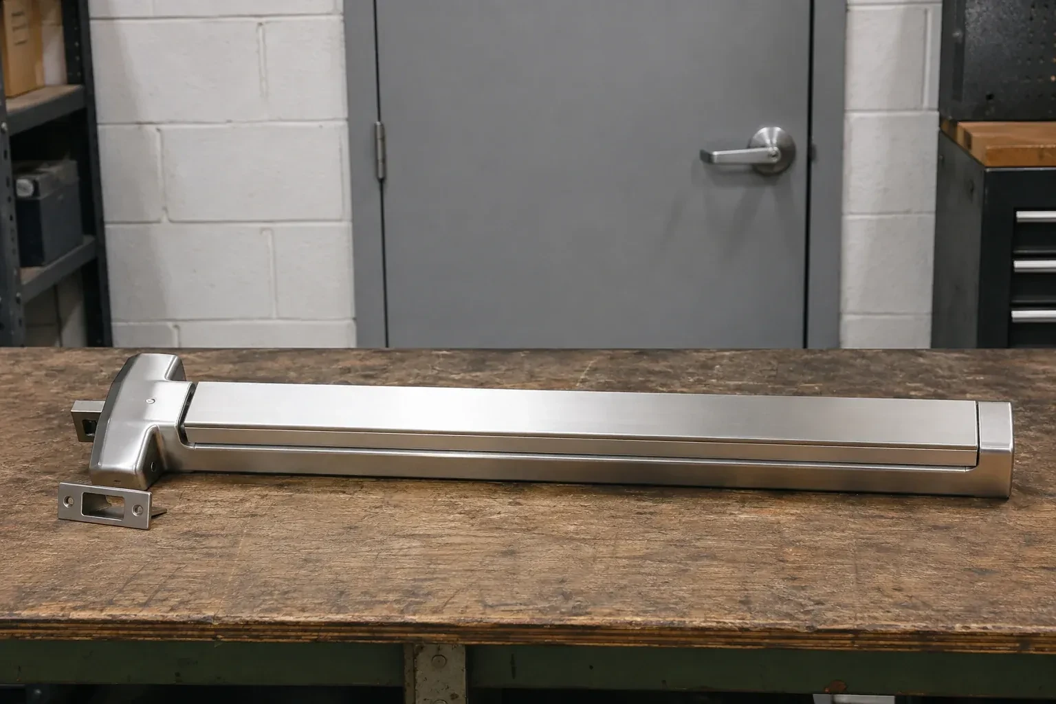 Detached horizontal exit device and separate strike component on a workshop bench. — Panic & Exit Hardware, Brampton