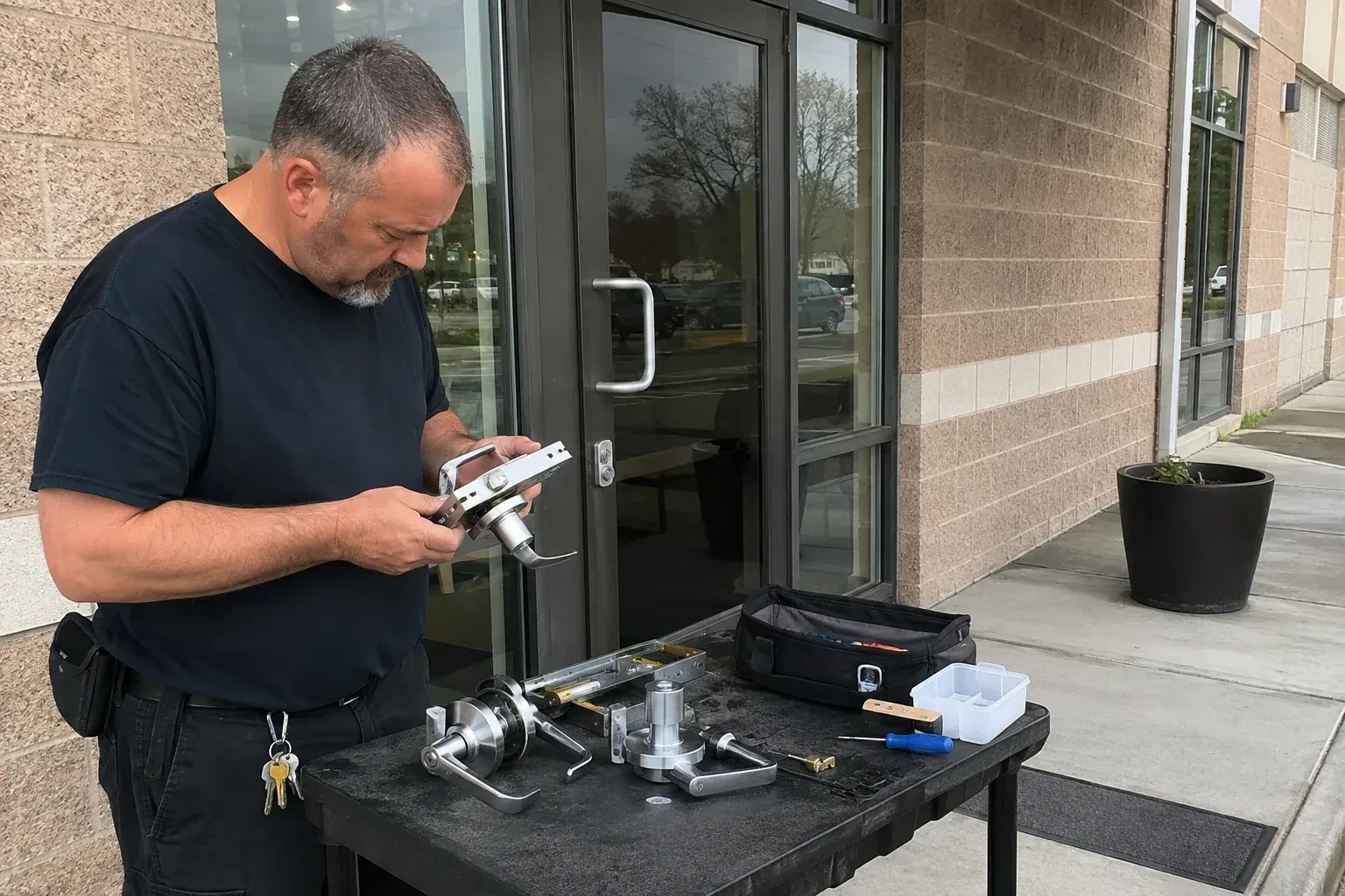 Person holding a door-handle and latch assembly at a worktable outside a glass entrance, with additional handles and tools laid out. — Commercial Rekeying, Brampton