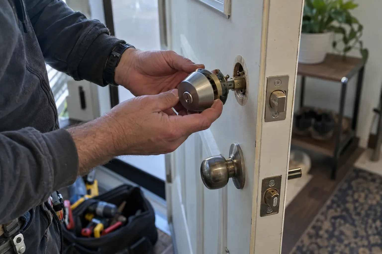 Hands lining up a steel deadbolt with the round bore in a white door above a knob, an open tool bag below.