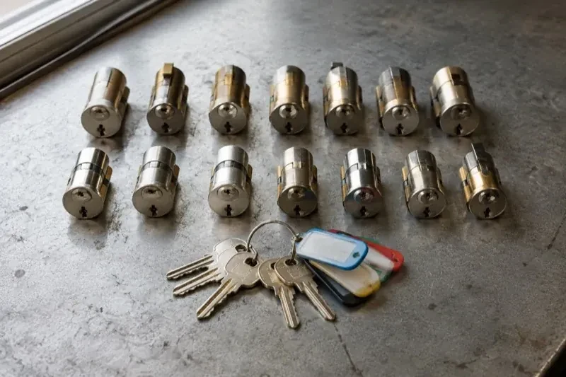 Two rows of lock cylinders on a metal surface with keys and colored key tags in front. — Master Key System Design, Brampton