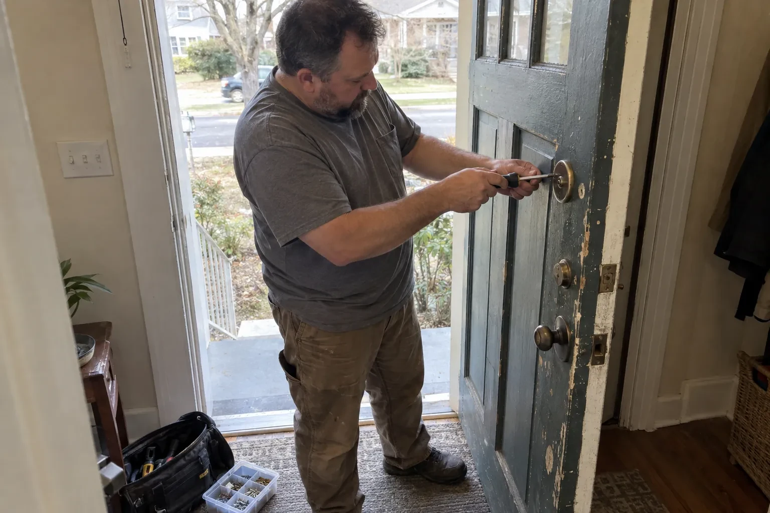 Technician using a screwdriver on the deadbolt of an open blue-gray front door, with a tool bag and screw tray nearby. — Deadbolt Installation, Brampton