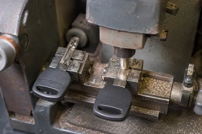 Two black-headed keys clamped in a bench machine, one beneath a vertical cutter, with metal shavings around the clamps. — Spare Car Key Duplication, Brampton